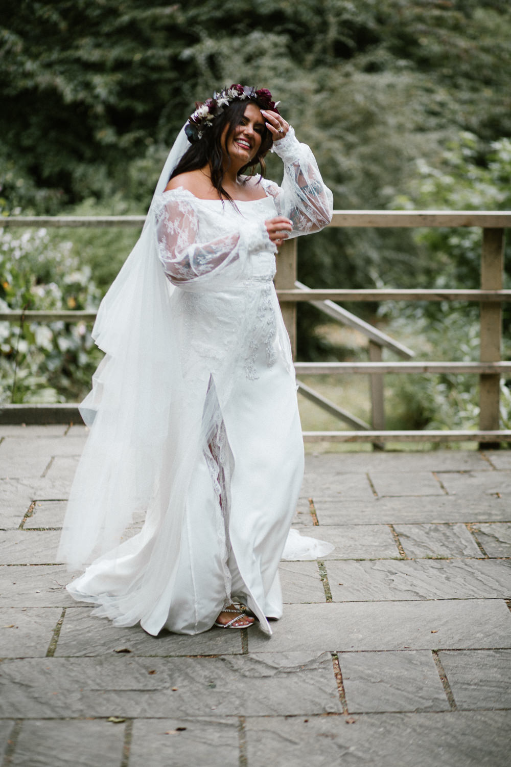 Dress Gown Bride Bridal Lace Long Sleeves Veil Flower Crown Springhead Trust Wedding Alexandra Szigeti Photography