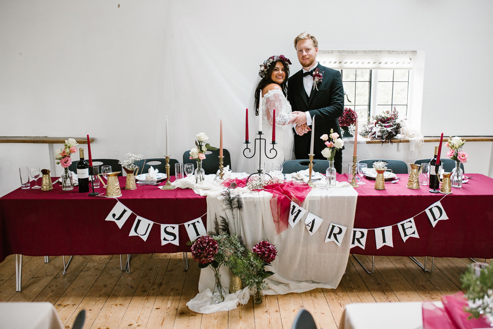 Top Table Decor Red Banner Sign Springhead Trust Wedding Alexandra Szigeti Photography