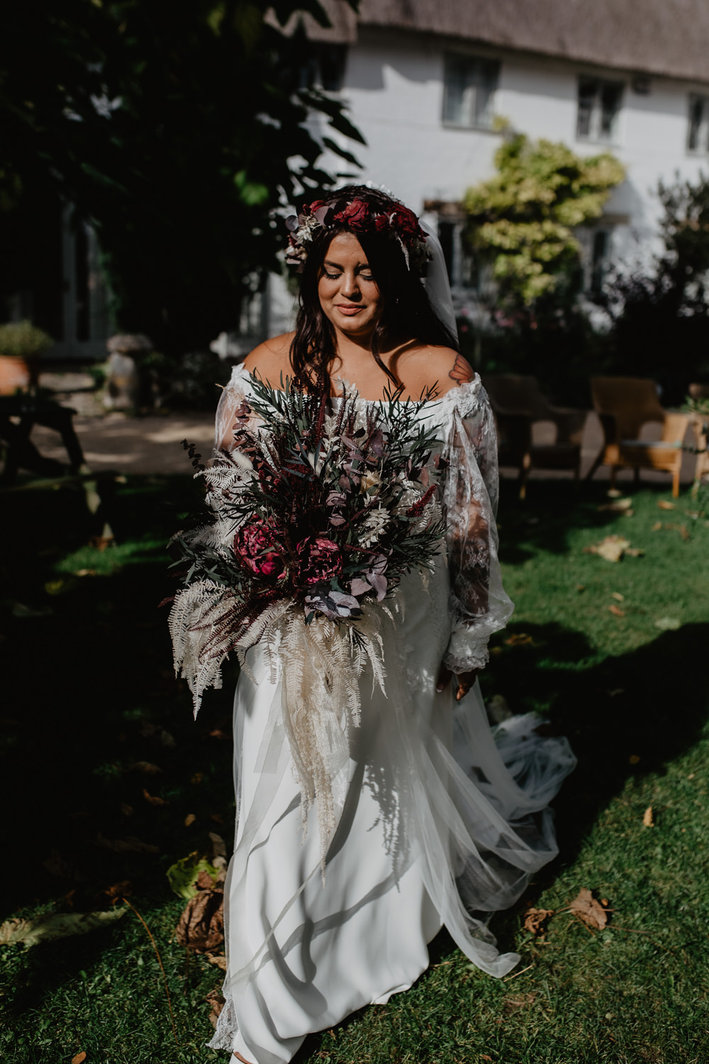 Dress Gown Bride Bridal Lace Long Sleeves Veil Flower Crown Springhead Trust Wedding Alexandra Szigeti Photography