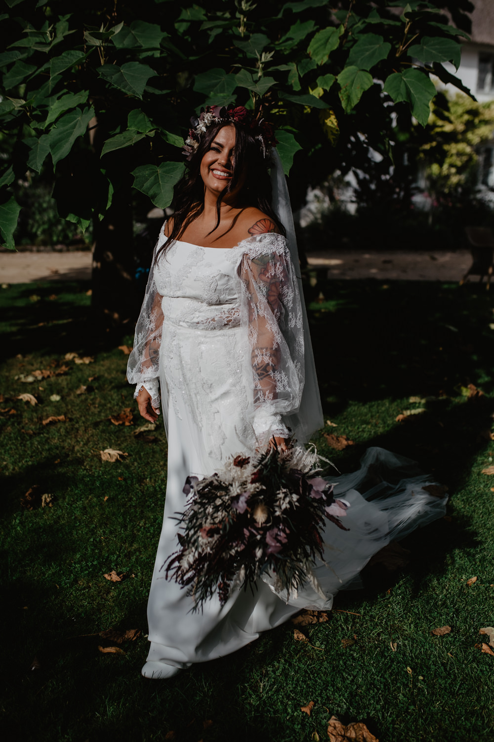 Dress Gown Bride Bridal Lace Long Sleeves Veil Flower Crown Springhead Trust Wedding Alexandra Szigeti Photography
