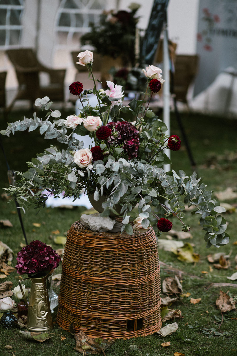 Wicker Basket Flower Arrangement Springhead Trust Wedding Alexandra Szigeti Photography