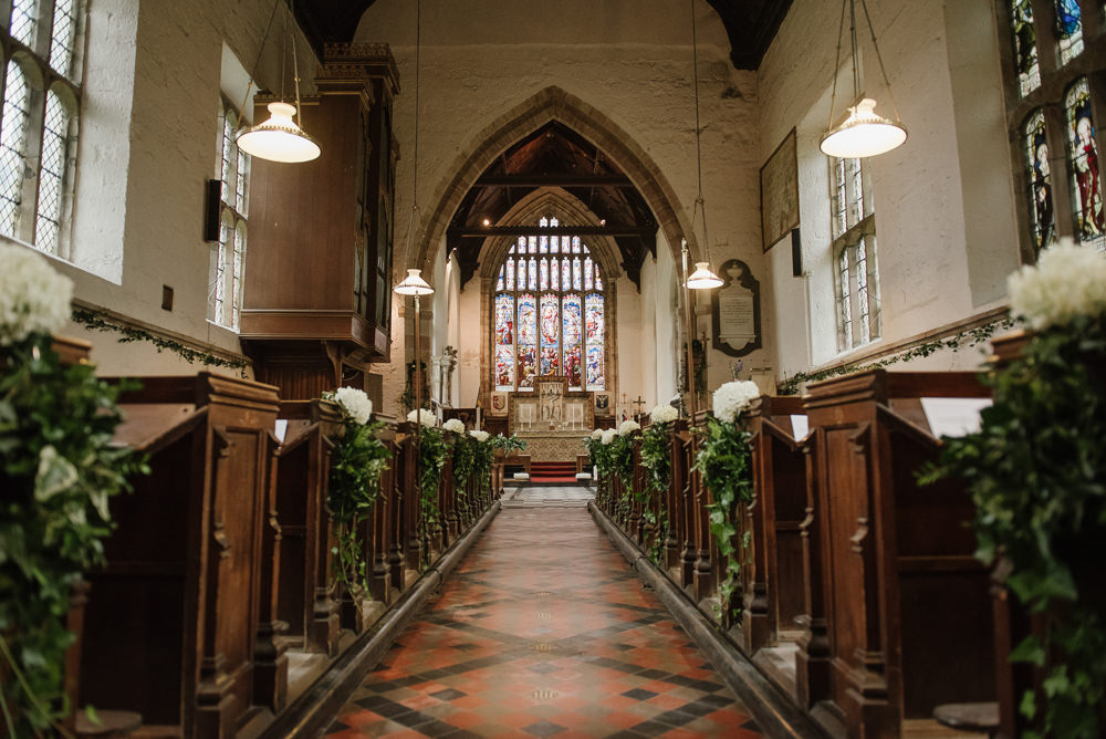 Staffordshire Garden Wedding Charlie and Em Photography Church Pew End Greenery