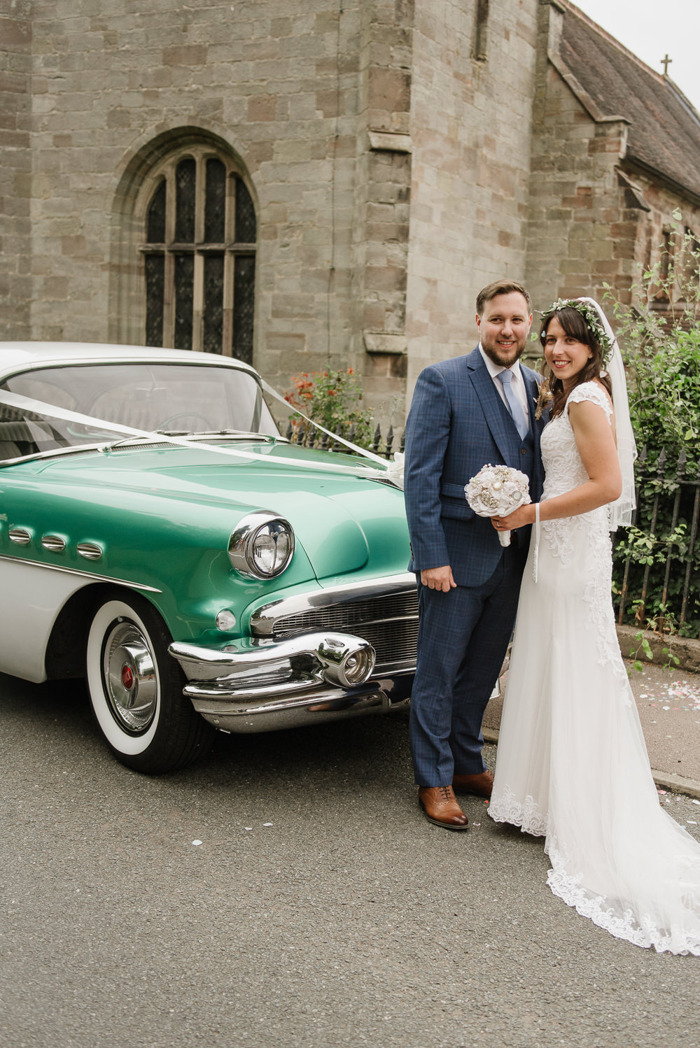 Green Retro Car Staffordshire Garden Wedding Charlie and Em Photography