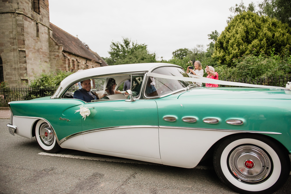 Green Retro Car Staffordshire Garden Wedding Charlie and Em Photography