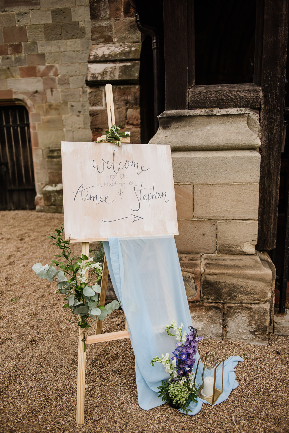 Wooden Welcome Sign Staffordshire Garden Wedding Charlie and Em Photography