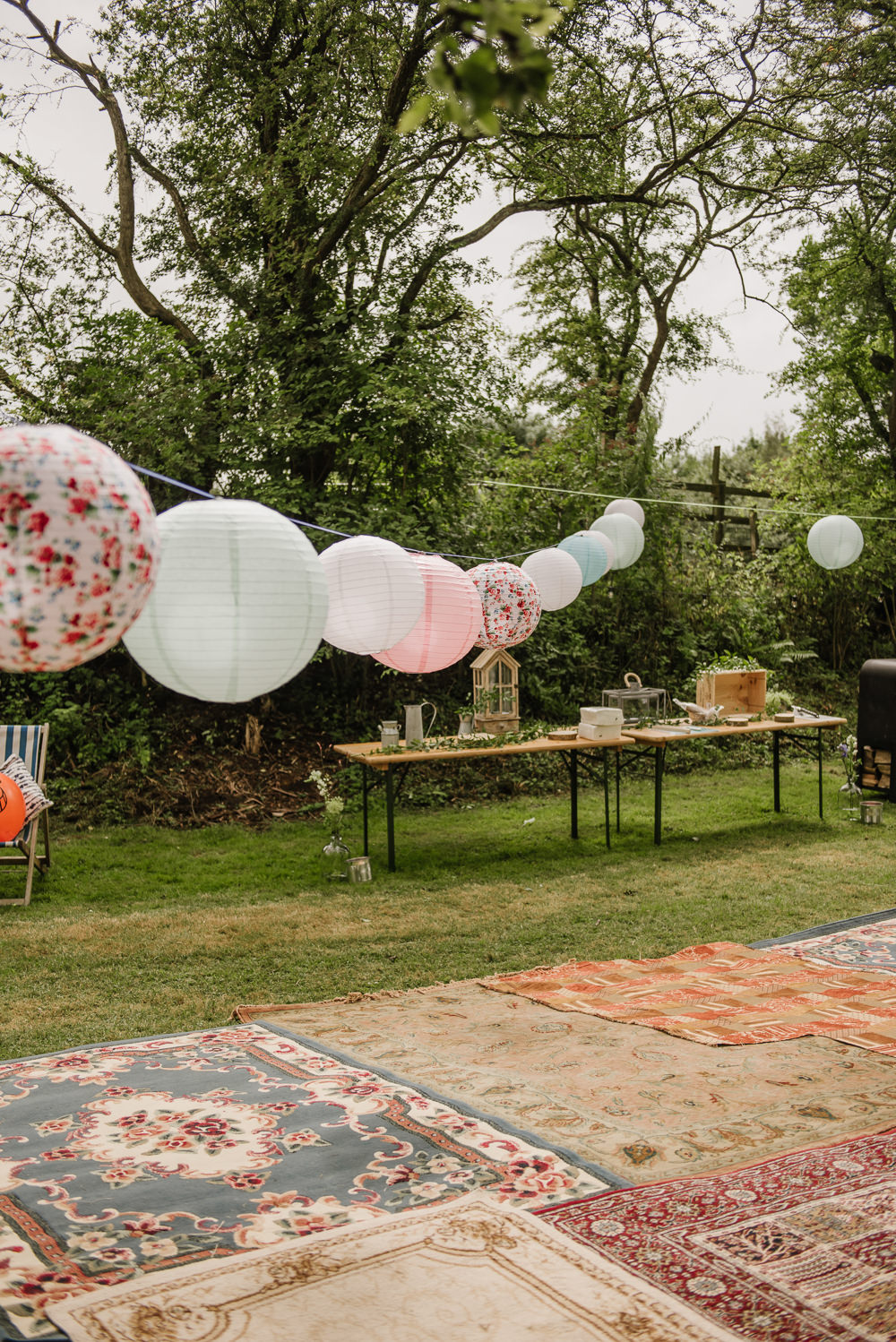 Rugs Lanterns Festoon Lights Decor Staffordshire Garden Wedding Charlie and Em Photography