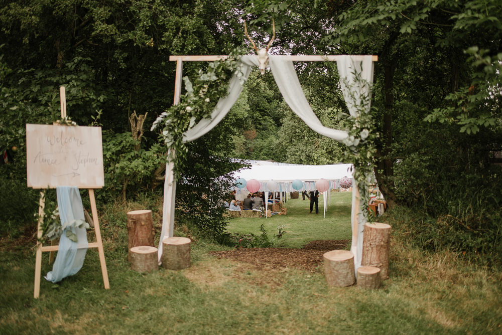 Entrance Arch Greenery Drapes Staffordshire Garden Wedding Charlie and Em Photography