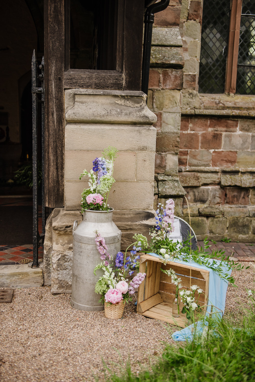 Milk Churn Flowers Crate Decor Staffordshire Garden Wedding Charlie and Em Photography