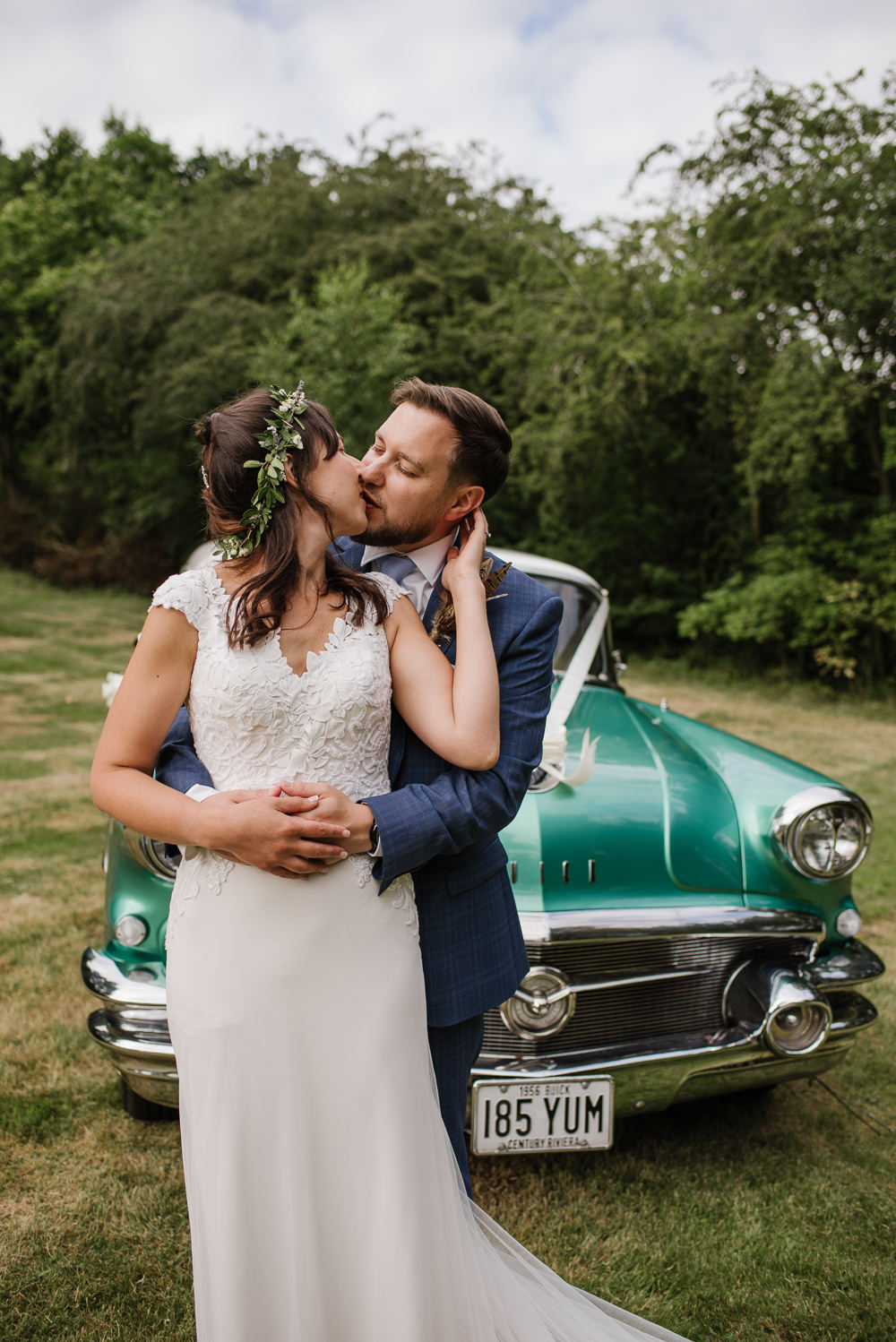 Green Retro Car Staffordshire Garden Wedding Charlie and Em Photography
