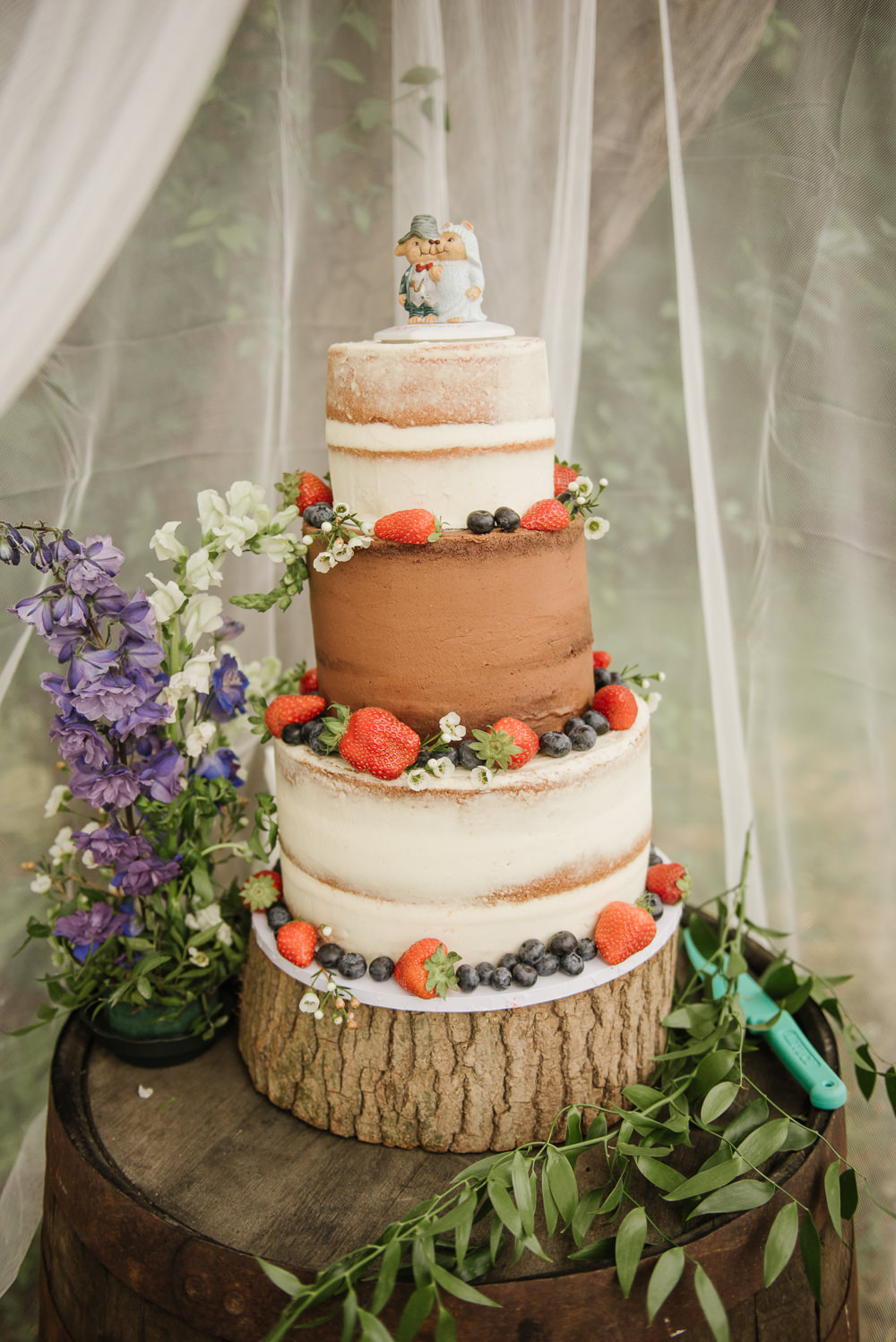 Semi Naked Cake Sponge Layer Chocolate Berries Log Stand Staffordshire Garden Wedding Charlie and Em Photography