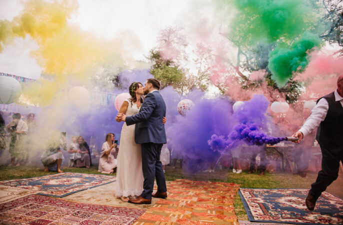 Staffordshire Garden Wedding Charlie and Em Photography Rugs Lanterns Festoon Lights Decor Rag Bunting Smoke Bomb