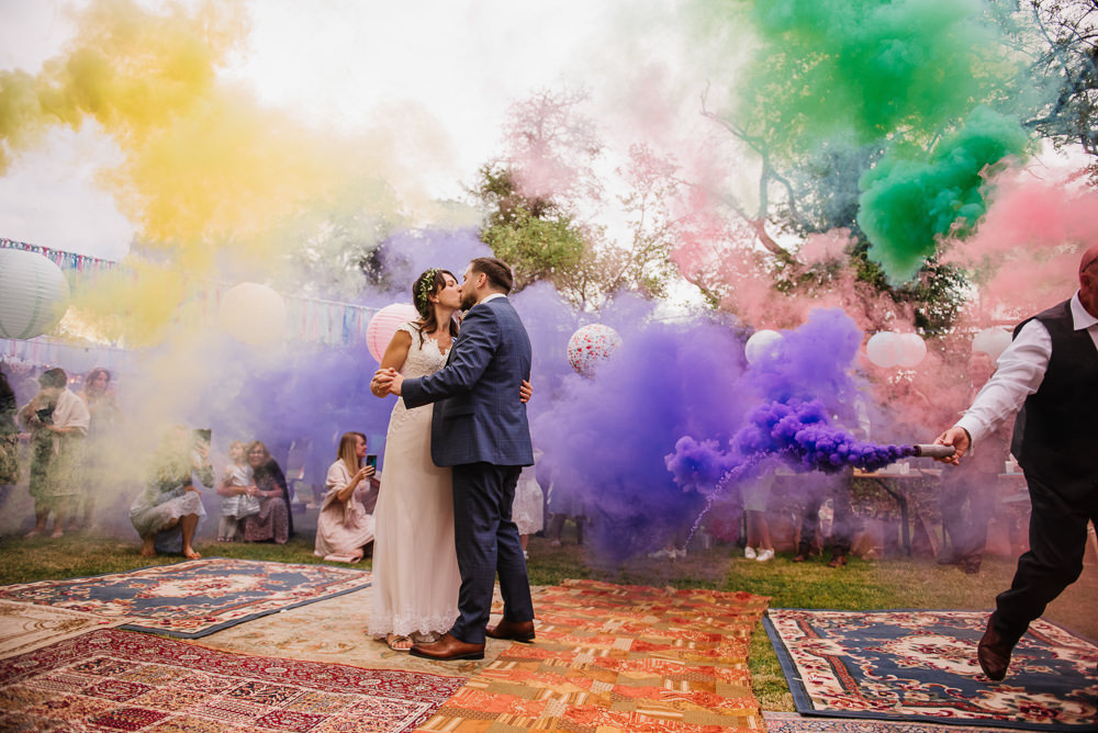 Staffordshire Garden Wedding Charlie and Em Photography Rugs Lanterns Festoon Lights Decor Rag Bunting Smoke Bomb