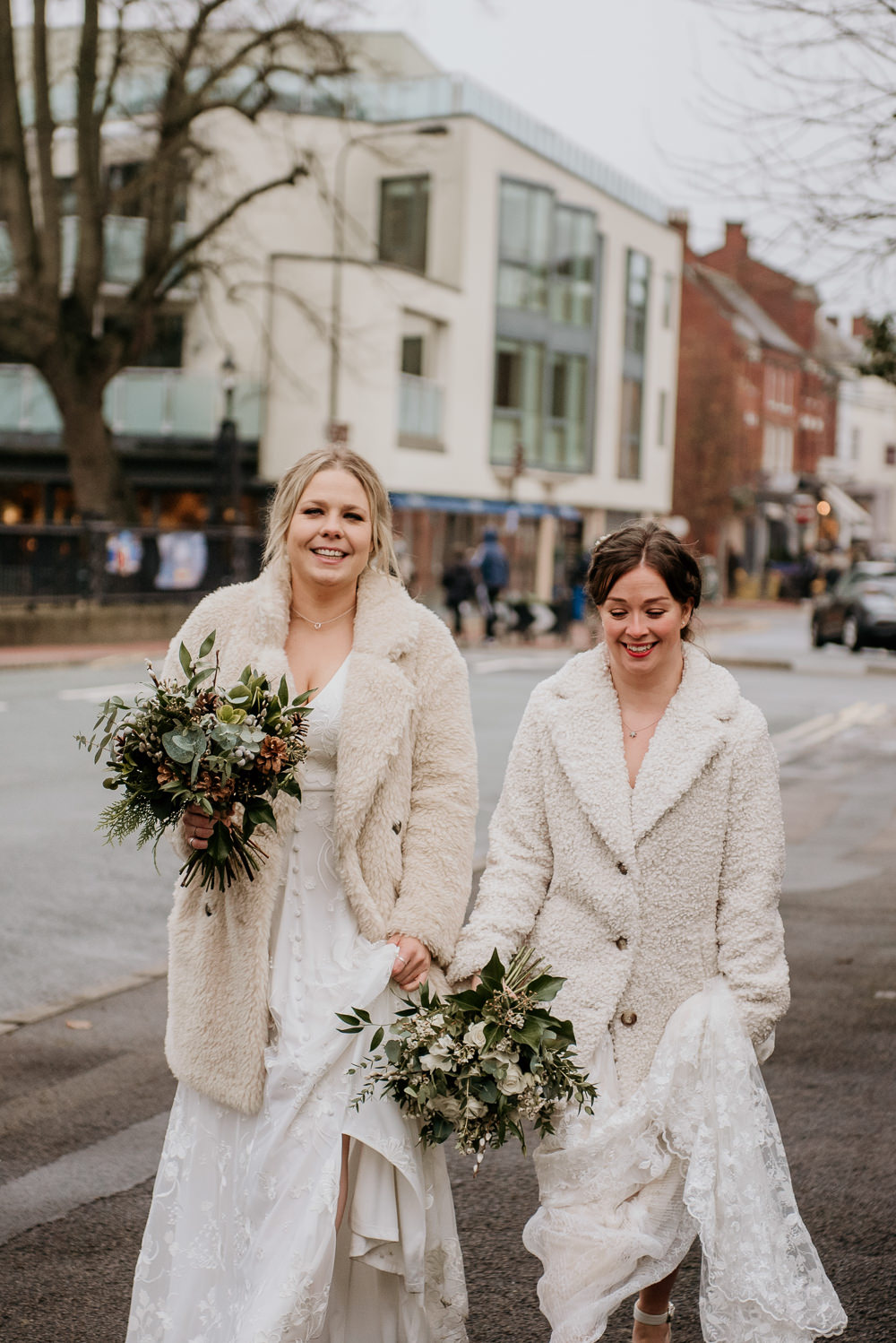 Brides in Teddy Coats Staffordshire Registry Office Wedding Charlie and Em Photography