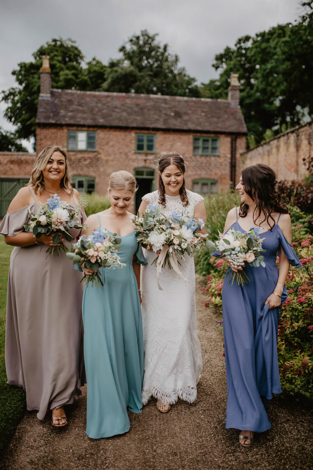 Bridesmaids Mismatched Blue Green Pink Dress Thorpe Garden Wedding Camilla Andrea Photography