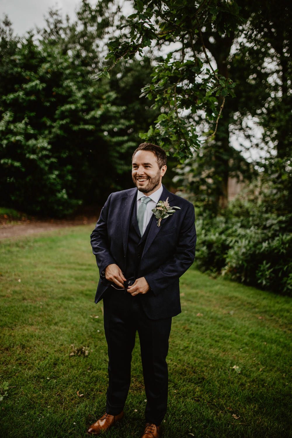 Groom Blue Suit Grey Tie Tan Shoes Thorpe Garden Wedding Camilla Andrea Photography