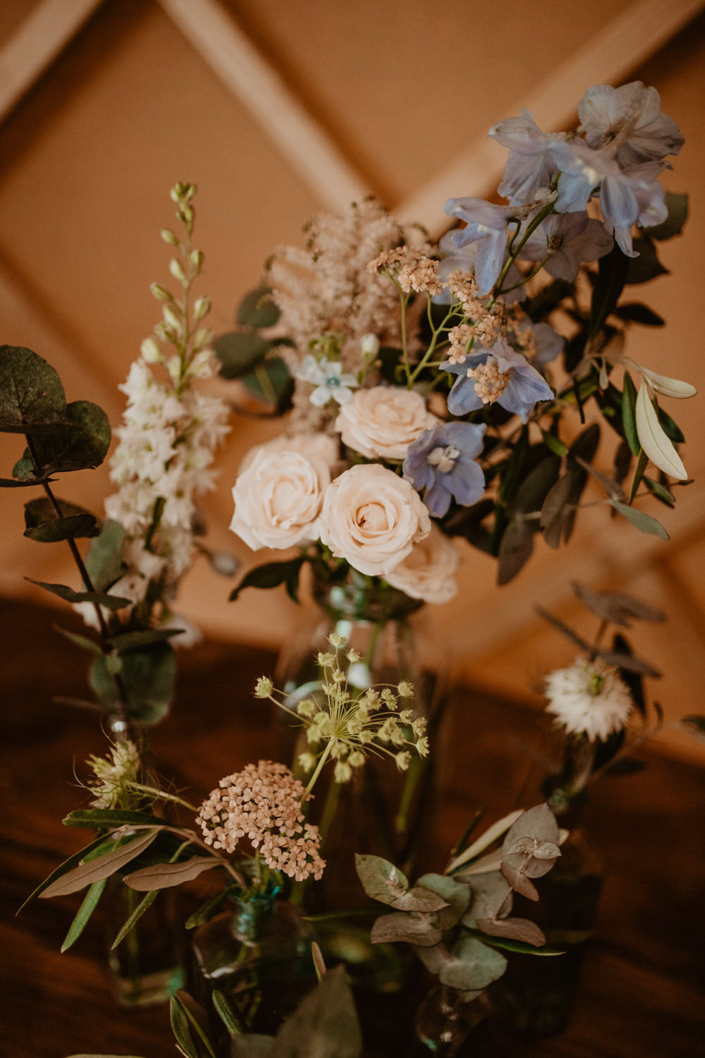 Flowers Jars Bottles Pink Blue Thorpe Garden Wedding Camilla Andrea Photography