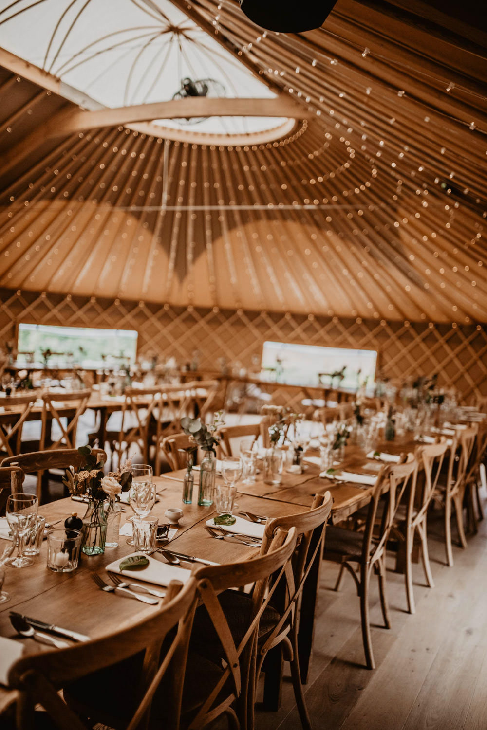 Yurt Reception Fairy Lights Long Wooden Tables Thorpe Garden Wedding Camilla Andrea Photography