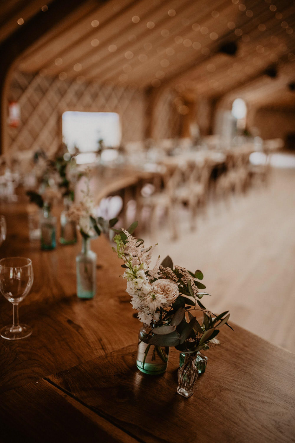 Long Wooden Table Decor Bottle Flowers Thorpe Garden Wedding Camilla Andrea Photography