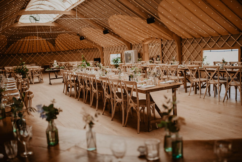 Yurt Reception Fairy Lights Long Wooden Tables Thorpe Garden Wedding Camilla Andrea Photography