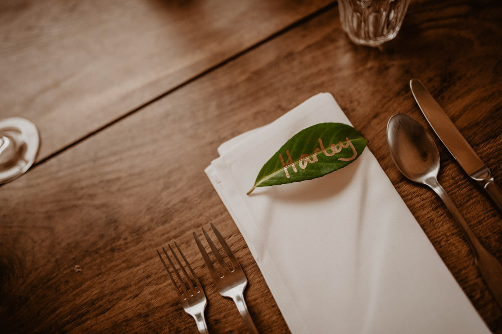 Place Setting Leaf Place Name Menu Thorpe Garden Wedding Camilla Andrea Photography