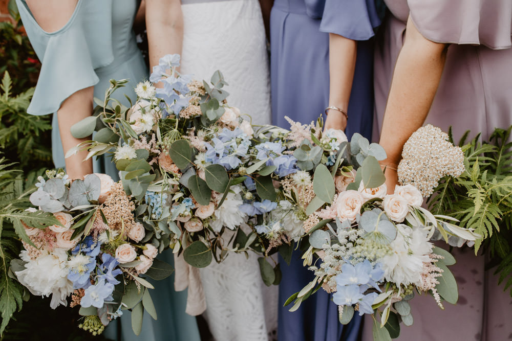 Bouquet Flowers Bride Bridal Blue Peach Rose Greenery Bride Bridal Bridesmaid Thorpe Garden Wedding Camilla Andrea Photography
