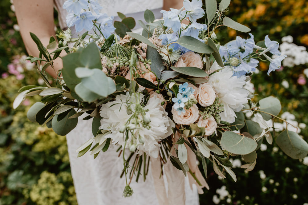Bouquet Flowers Bride Bridal Blue Peach Rose Greenery Bride Bridal Thorpe Garden Wedding Camilla Andrea Photography