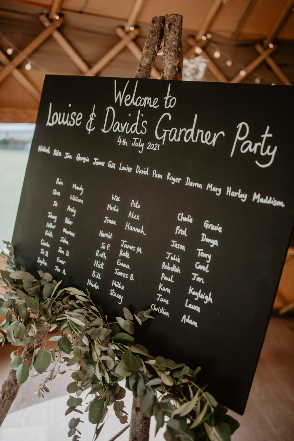 Chalk Black Board Seating Chart Table Plan Greenery Thorpe Garden Wedding Camilla Andrea Photography