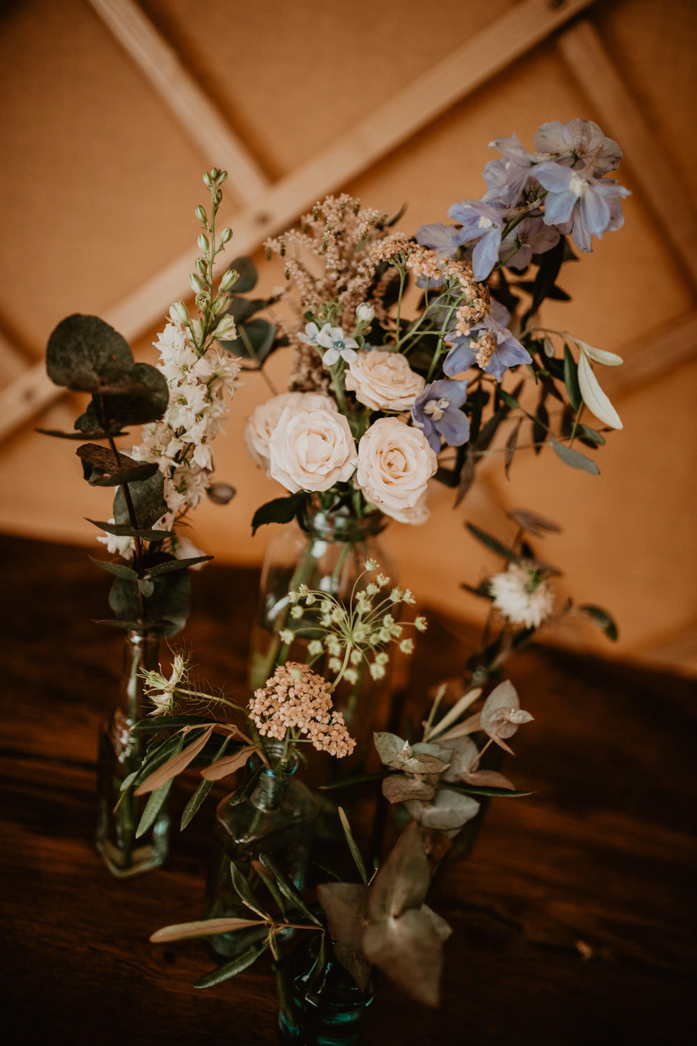 Flowers Jars Bottles Pink Blue Thorpe Garden Wedding Camilla Andrea Photography