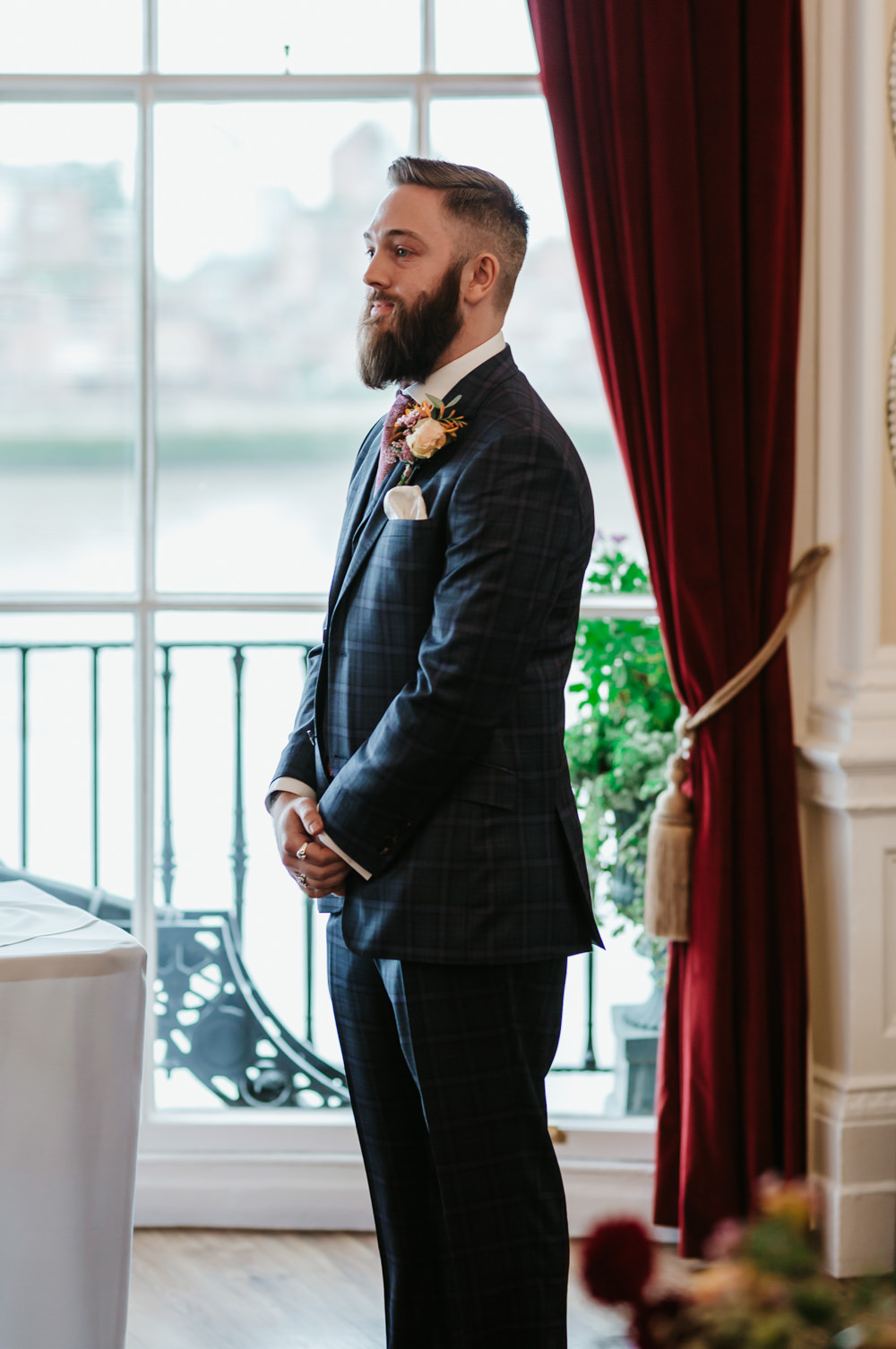 Groom Blue Check Suit Tie Trafalgar Tavern Wedding Lauren Marchant Photography