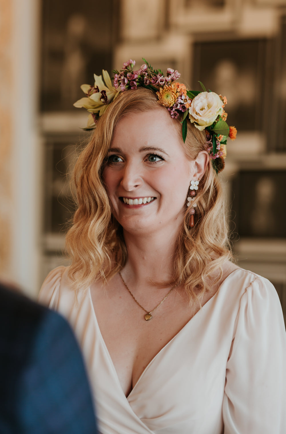 Bride Bridal Flower Crown Trafalgar Tavern Wedding Lauren Marchant Photography
