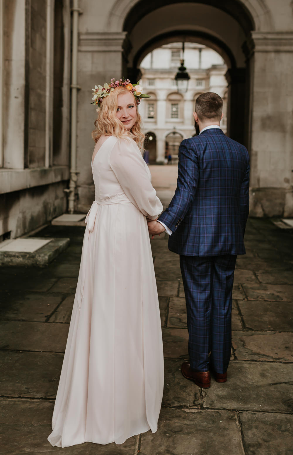 Dress Gown Bride Bridal Long Sleeves Trafalgar Tavern Wedding Lauren Marchant Photography