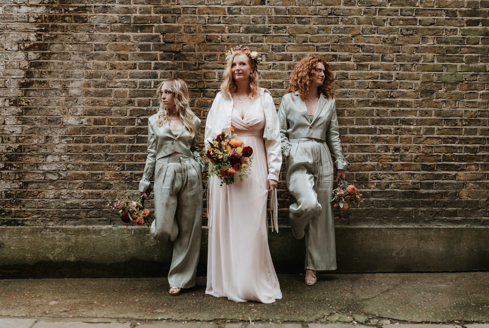 Bridesmaids Green Grey Jumpsuits Trafalgar Tavern Wedding Lauren Marchant Photography