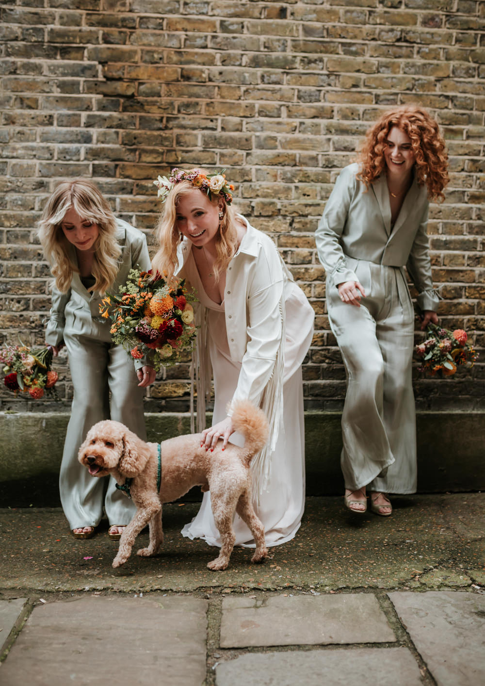 Bridesmaids Green Grey Jumpsuits Trafalgar Tavern Wedding Lauren Marchant Photography