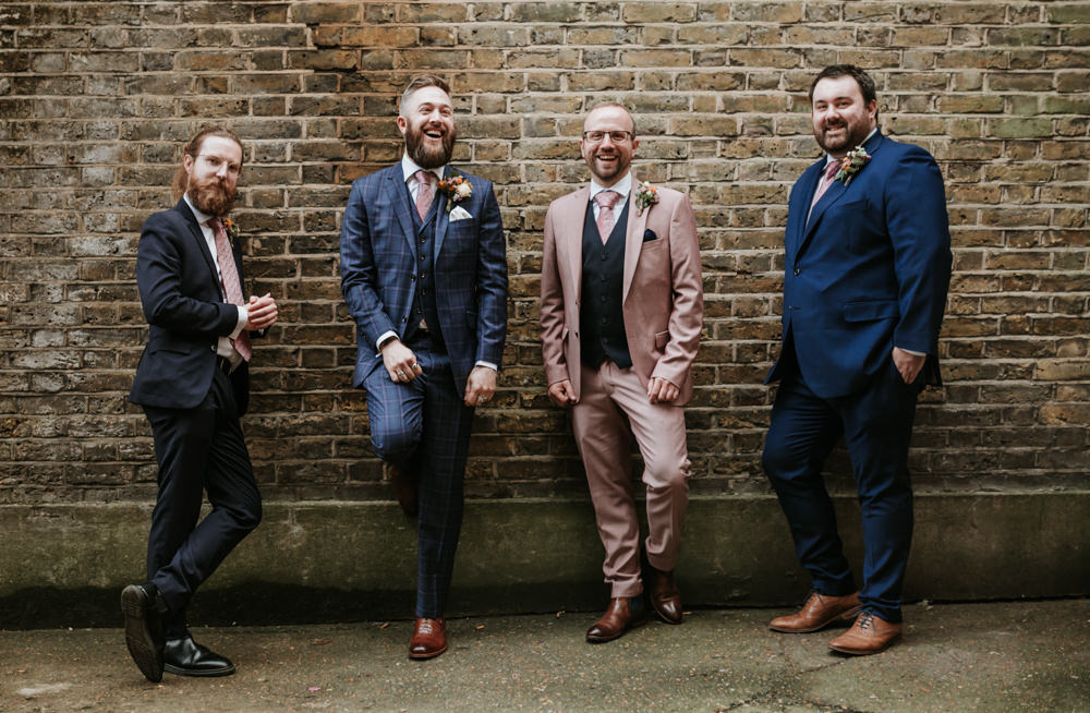 Groom Blue Check Suit Tie Groomsmen Trafalgar Tavern Wedding Lauren Marchant Photography