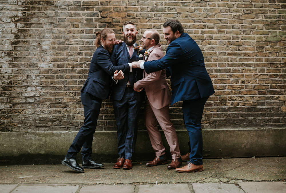 Groom Blue Check Suit Tie Groomsmen Trafalgar Tavern Wedding Lauren Marchant Photography