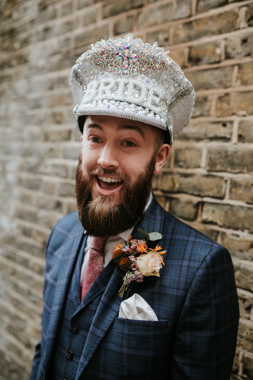 Groom Blue Check Suit Tie Bride Hat Sequin Silver Trafalgar Tavern Wedding Lauren Marchant Photography