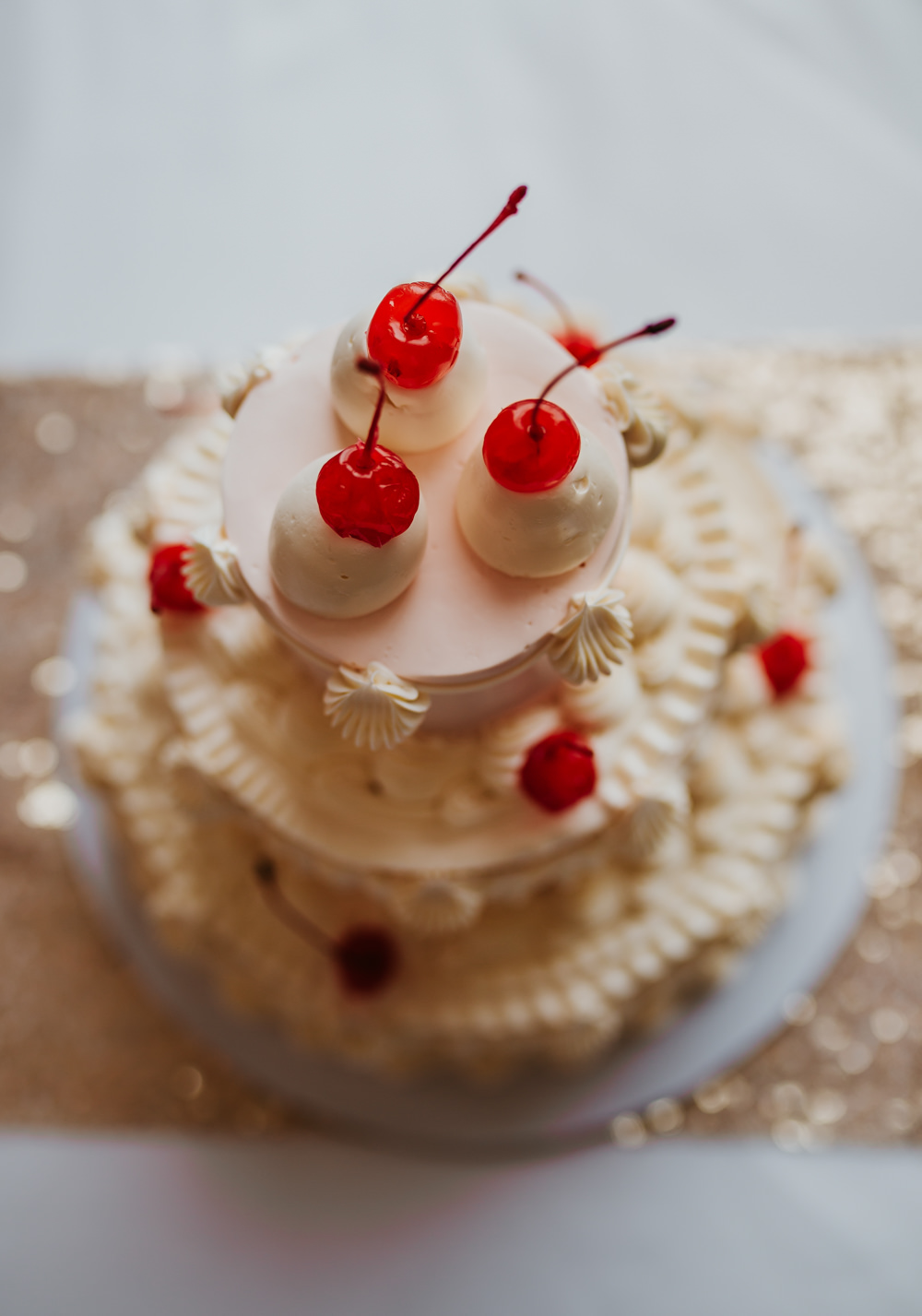 Retro Later Cake Piping Cherries Pink Cream Trafalgar Tavern Wedding Lauren Marchant Photography