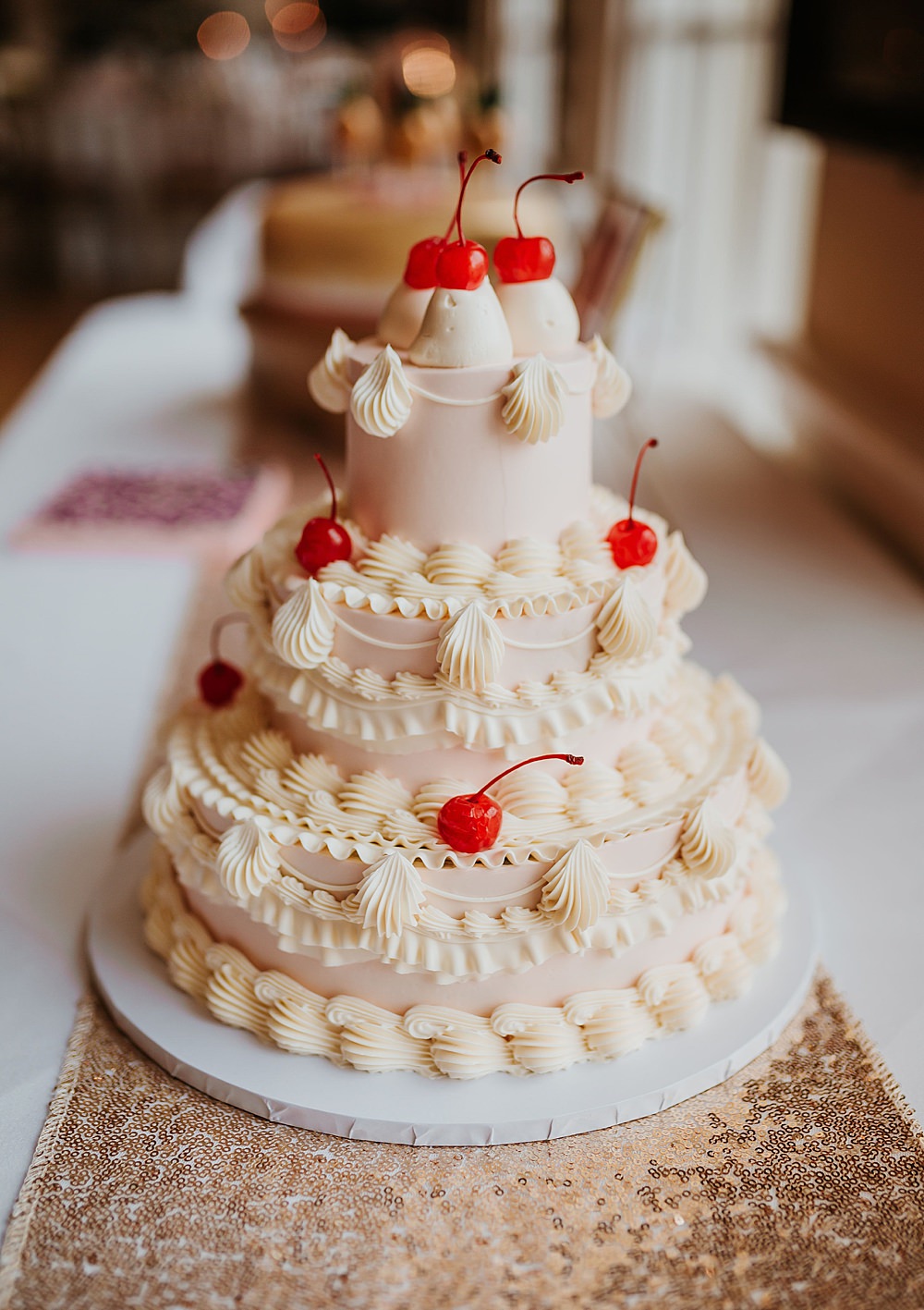 Retro Later Cake Piping Cherries Pink Cream Trafalgar Tavern Wedding Lauren Marchant Photography