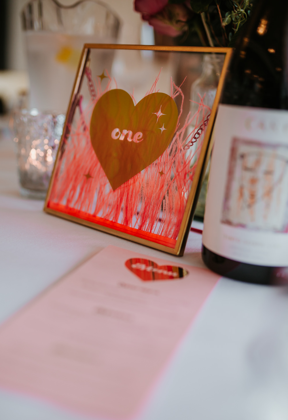 Table Name Heart Frame Pink Red Trafalgar Tavern Wedding Lauren Marchant Photography