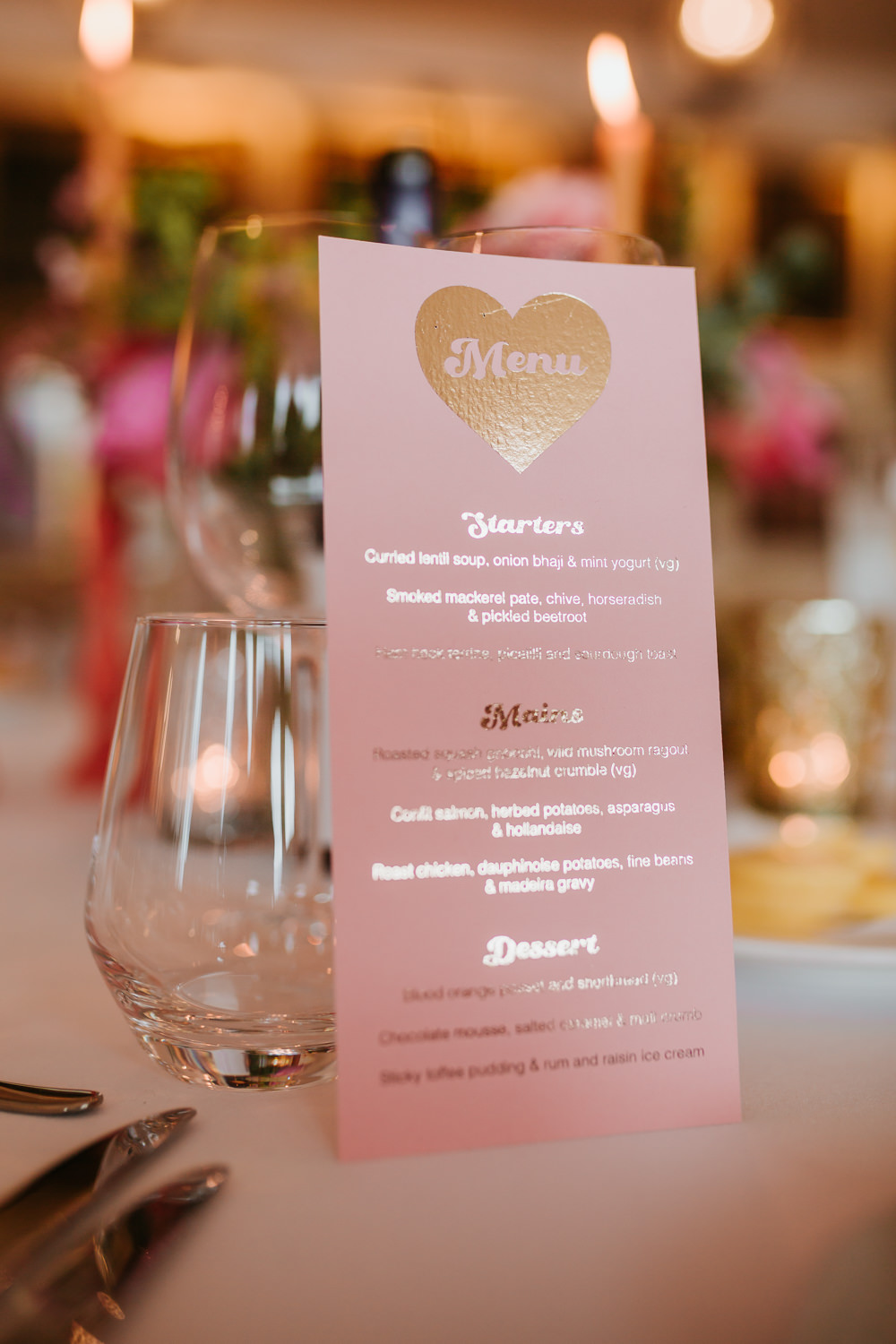 Pink Gold Heart Menu Trafalgar Tavern Wedding Lauren Marchant Photography
