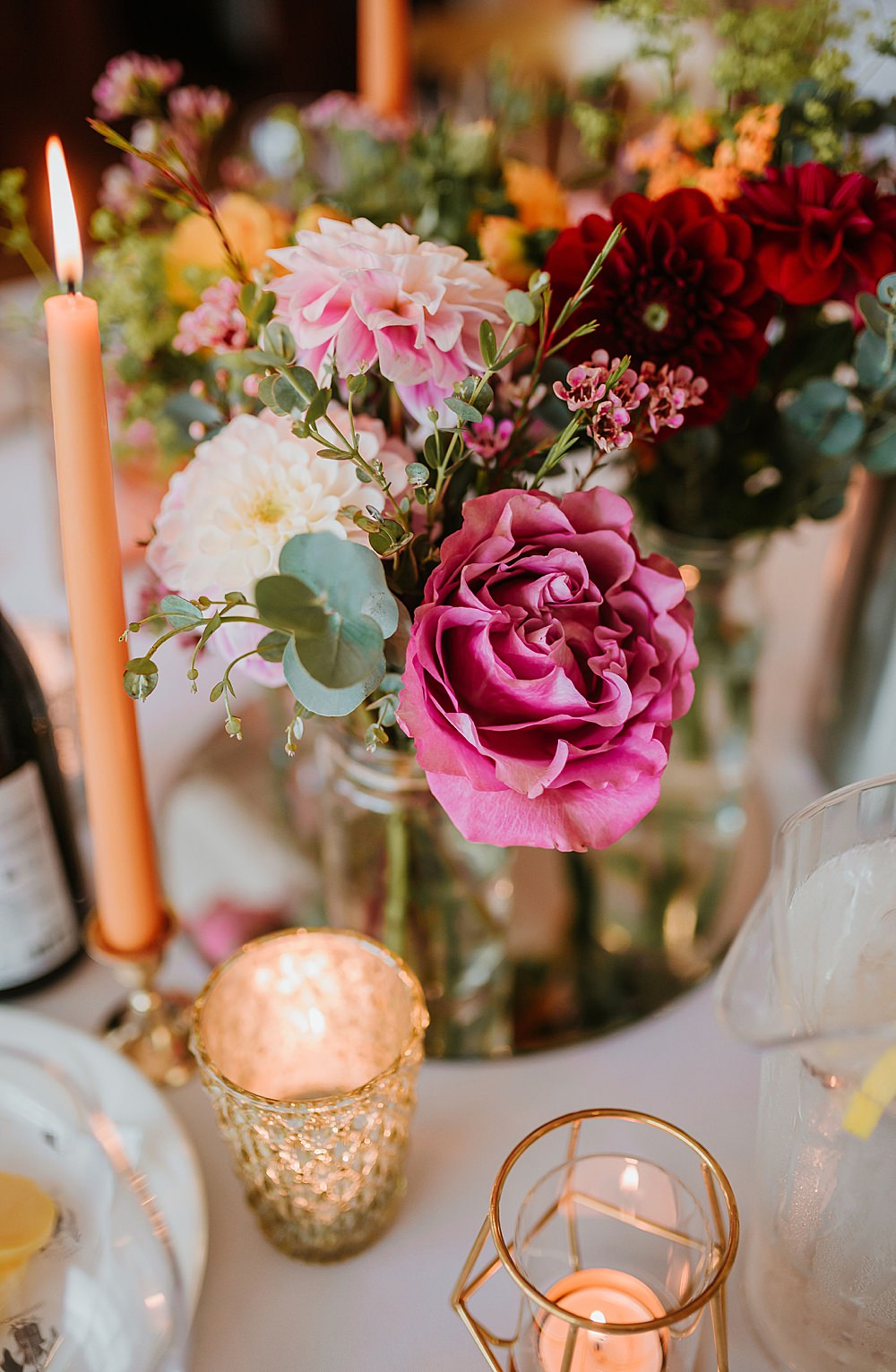 Centrpiece Flowers Pink Orange Candle Mirror Trafalgar Tavern Wedding Lauren Marchant Photography
