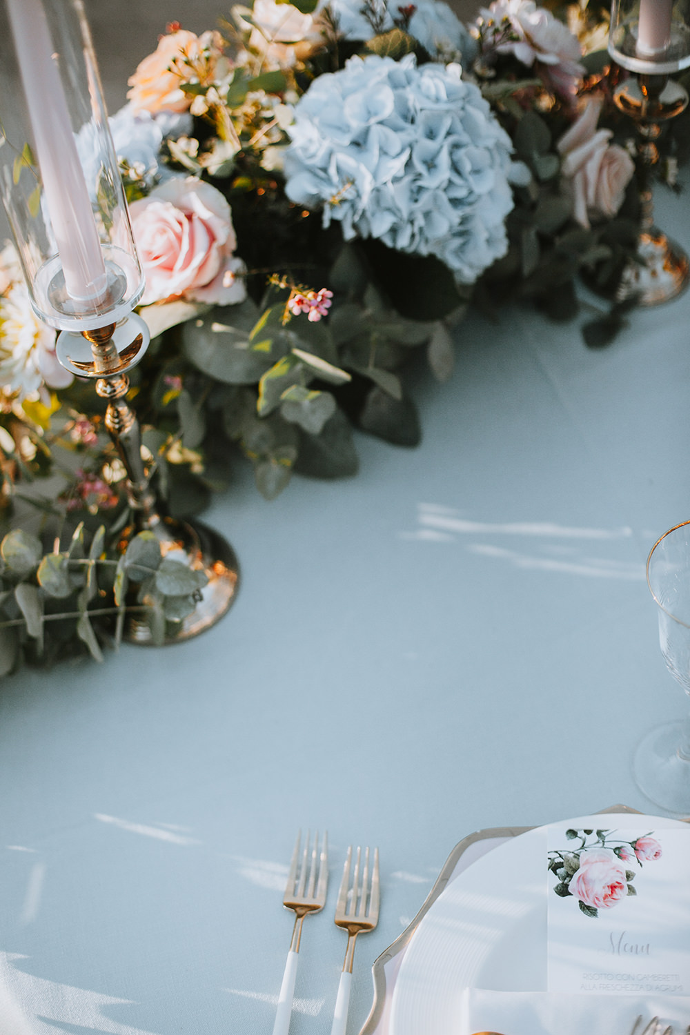 Pink Blue Table Flowers Rose Hydrangea Tuscany Villa Wedding Caterina Neri
