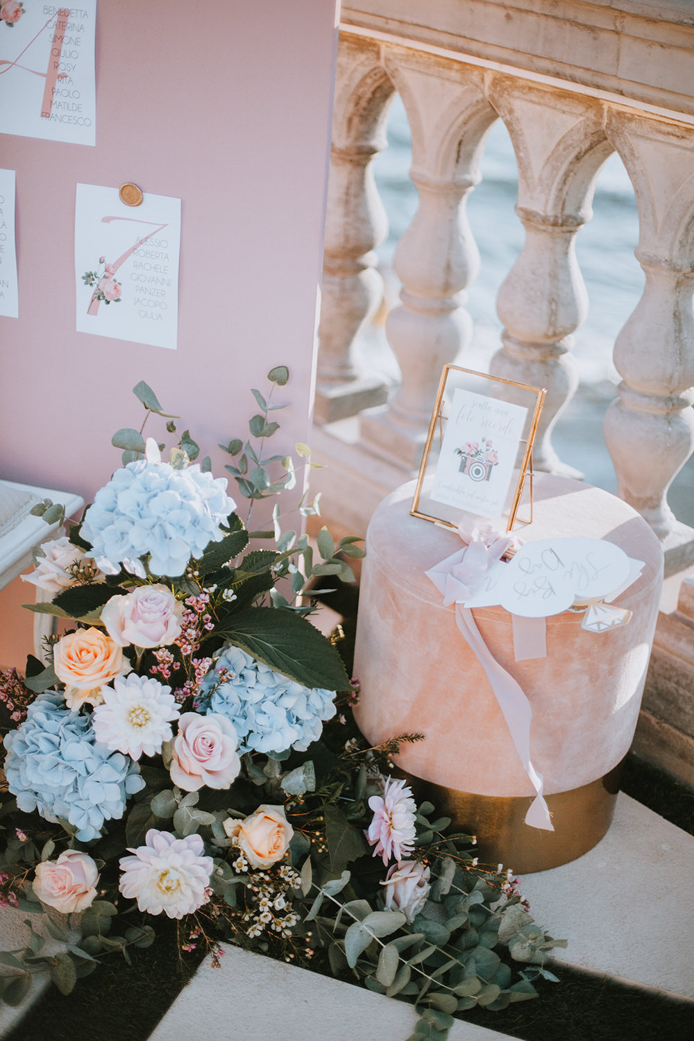 Pink Blue Flowers Rose Hydrangea Tuscany Villa Wedding Caterina Neri