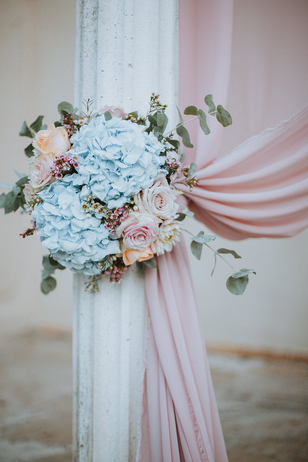 Pink Drapes Fabric Flowers Rose Blue Hydrangea Tuscany Villa Wedding Caterina Neri