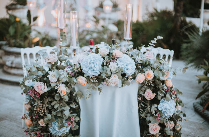 Pink Blue Table Flowers Rose Hydrangea Tuscany Villa Wedding Caterina Neri