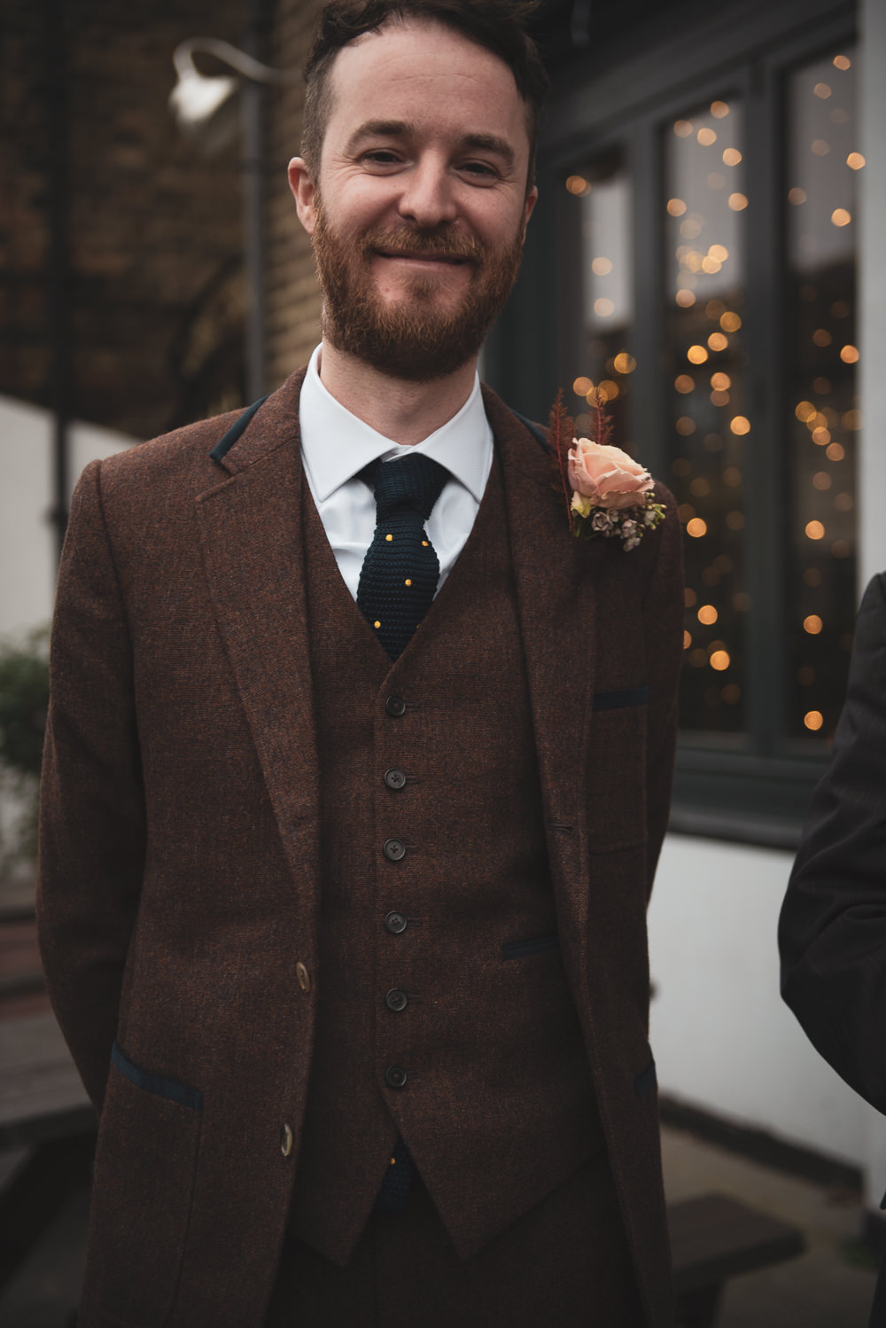 Groom Brown Tweed Suit Walthamstow Registry Office Wedding Cat Arwel Photography