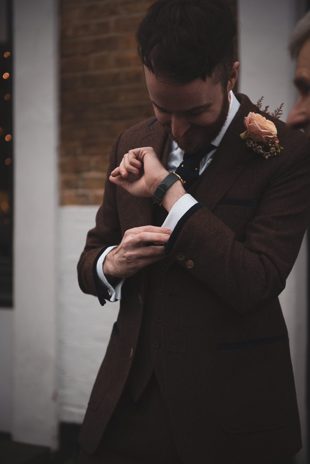 Groom Brown Tweed Suit Walthamstow Registry Office Wedding Cat Arwel Photography