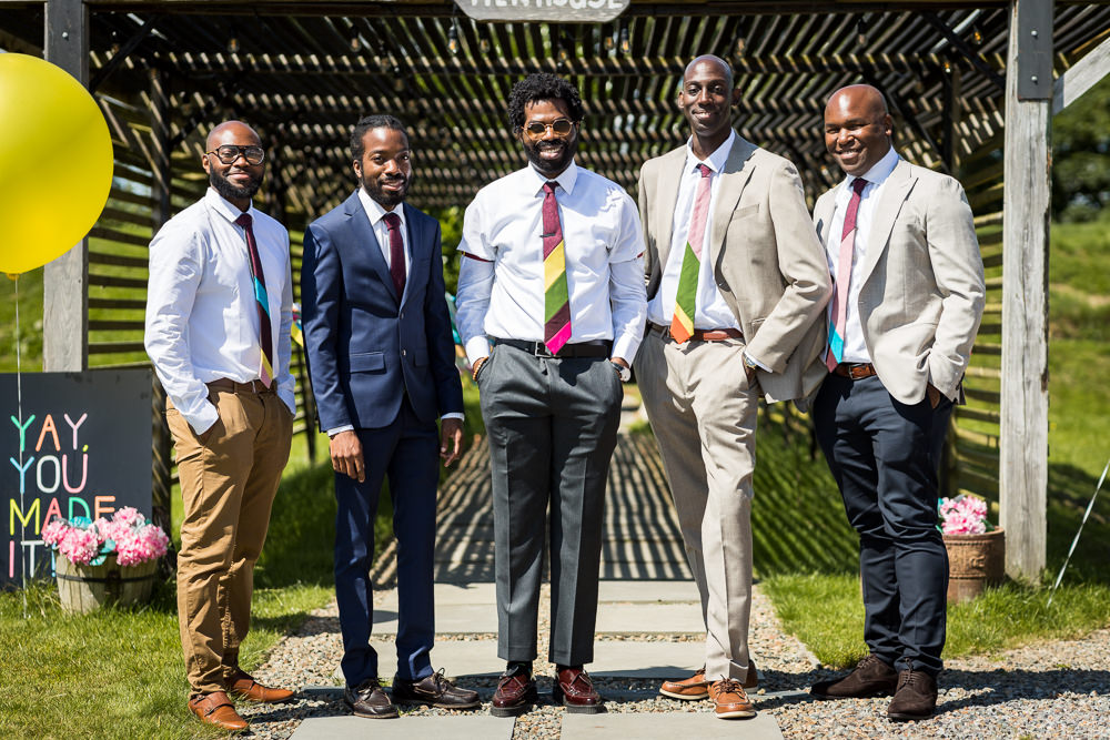 Groom Groomsmen Suits Rainbow Tie Woodhouse Barn Wedding John Wellings