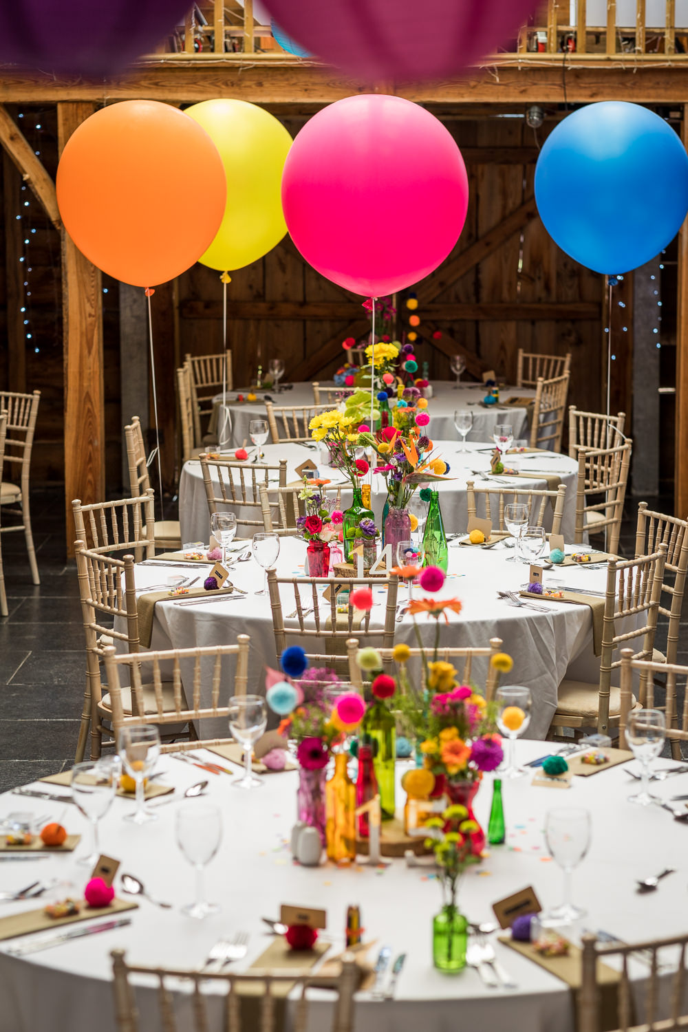 Barn Decor Rainbow Flowers Balloons Woodhouse Barn Wedding John Wellings