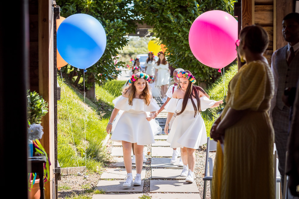 Bridesmaids White Dresses Pom Pom Headbands Woodhouse Barn Wedding John Wellings